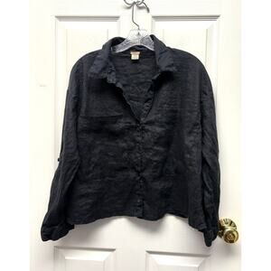 Magaschoni Black Cropped Linen Shirt Roll Tab Sleeve Women’s M